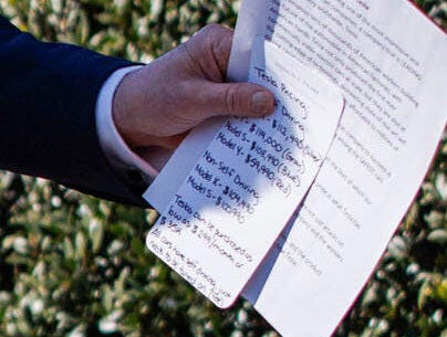 Donald Trump's notes as he speaks to the media while looking at Teslas on the South Lawn of the White House on March 11, 2025. 