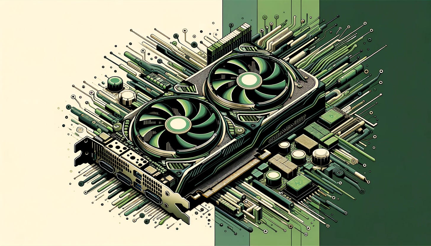 Create an image that creatively integrates a GPU, showcasing its fans and other recognizable components, within an abstract design. This design should still adhere to the specified color palette of cream (ECE3CE), sage green (739072), deep forest green (4F6F52), and dark green (3A4D39), but with a focus on visually representing the technology. The image should blend the realistic aspects of a GPU, like its cooling fans and circuitry, with an imaginative background that suggests innovation and high technology. The overall aesthetic should be both modern and artistic, appealing to tech enthusiasts and those interested in computer graphics and hardware innovation.