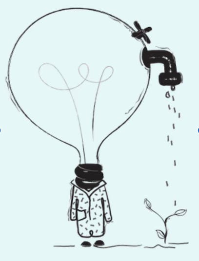 illustration of a person in a coat with a large lightbulb instead of a head, and the lightbulb turns into a faucet that drips water on a sprout growing in the ground next to the figure