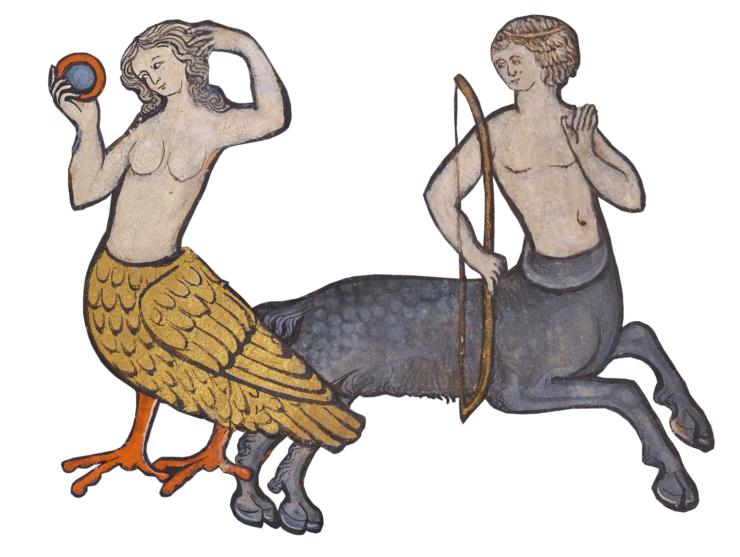 A siren and a centaur, cut out from an illuminated manuscript.