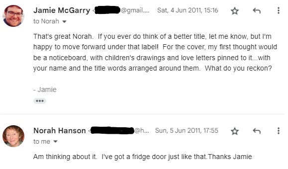 Jamie and Norah's emails about her first cover.