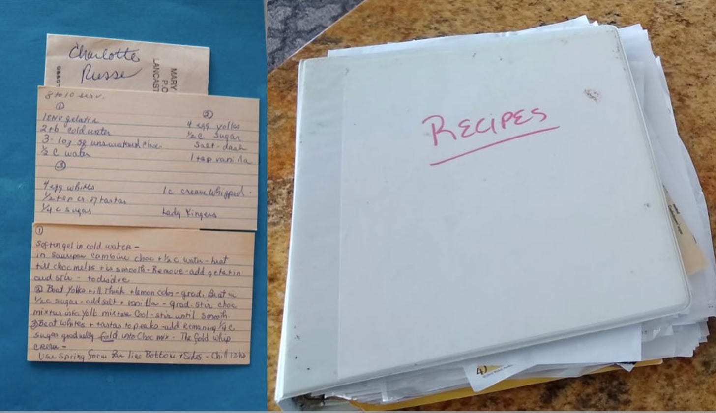 recipe on index card and binder full of recipes