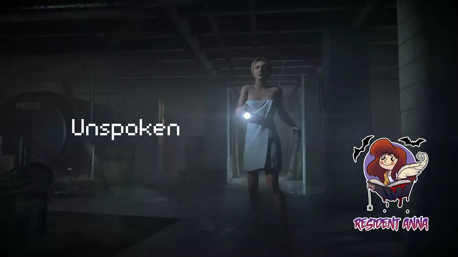 A banner for a Resident Anna article titled Unspoken. The image shows Samantha of Until Dawn, walking around a dark house with a flashlight, wearing nothing but a bath towel wrapped around herself.