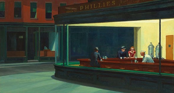 Edward Hopper's painting, Nighthawks, features a night cafe with 4 people inside, conveying the feeling of loneliness and separation.