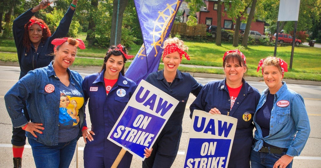 May be an image of 6 people and text that says 'S0ST Sand Rosie UAW ON STRIKE UAW ON STRIKE'