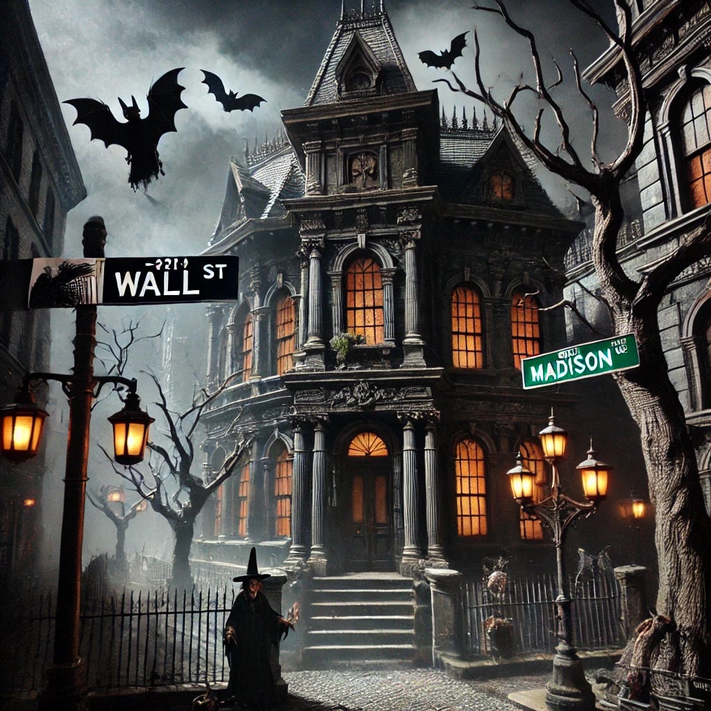 A haunted mansion set at the eerie intersection of Wall Street and Madison Avenue, with gothic architecture, dark windows, and cracked walls. The scene is filled with a spooky atmosphere, featuring bats and witches flying around the rooftops. Bare, twisted trees are scattered in the yard, their branches reaching out ominously. The street signs for Wall Street and Madison Avenue are visible at the corner, adding to the urban haunting feel. Dim street lamps cast eerie shadows across the scene, and a faint mist lingers in the air for a ghostly ambiance.