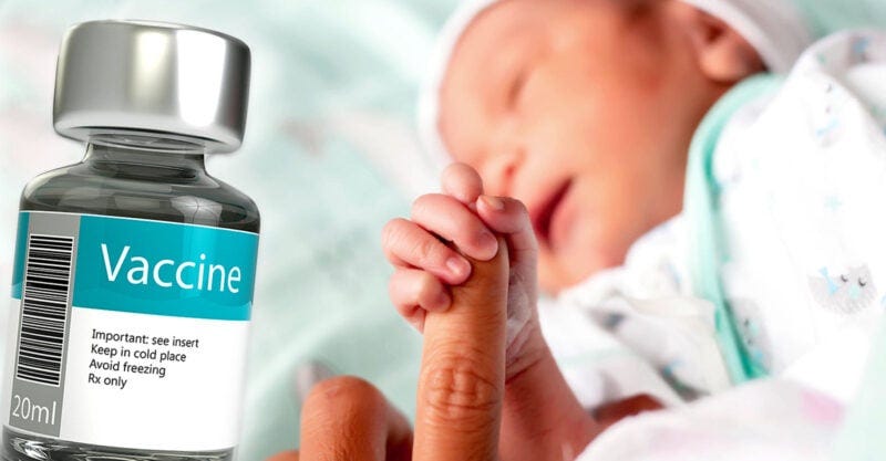 baby holding parent finger and vaccine bottle on top