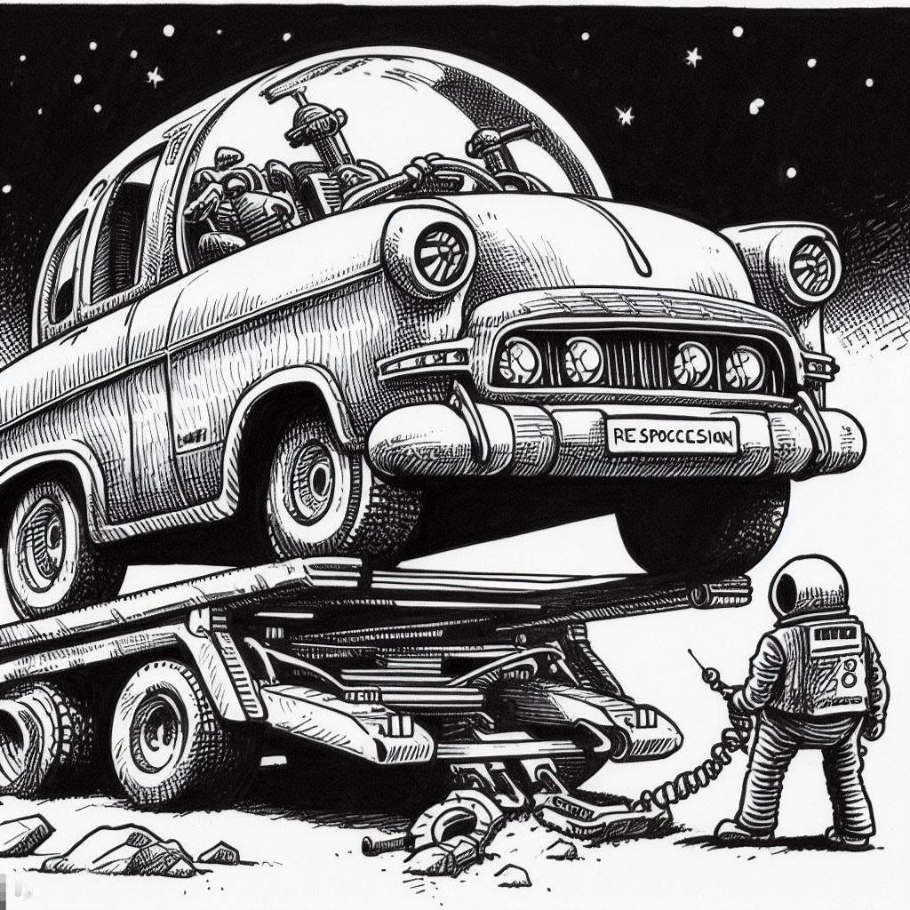 pen and ink single-frame cartoon of  a space-aged car repossession