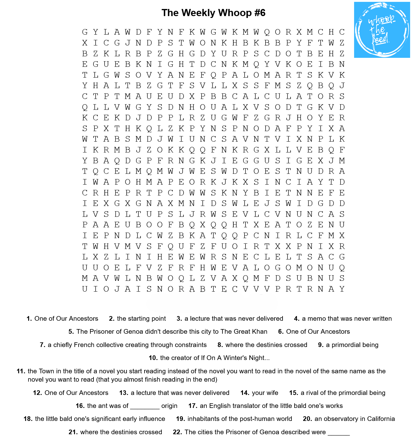 This image shows a 25 x 25 word search grid which is the primary puzzle of The Weekly Whoop #6.grid