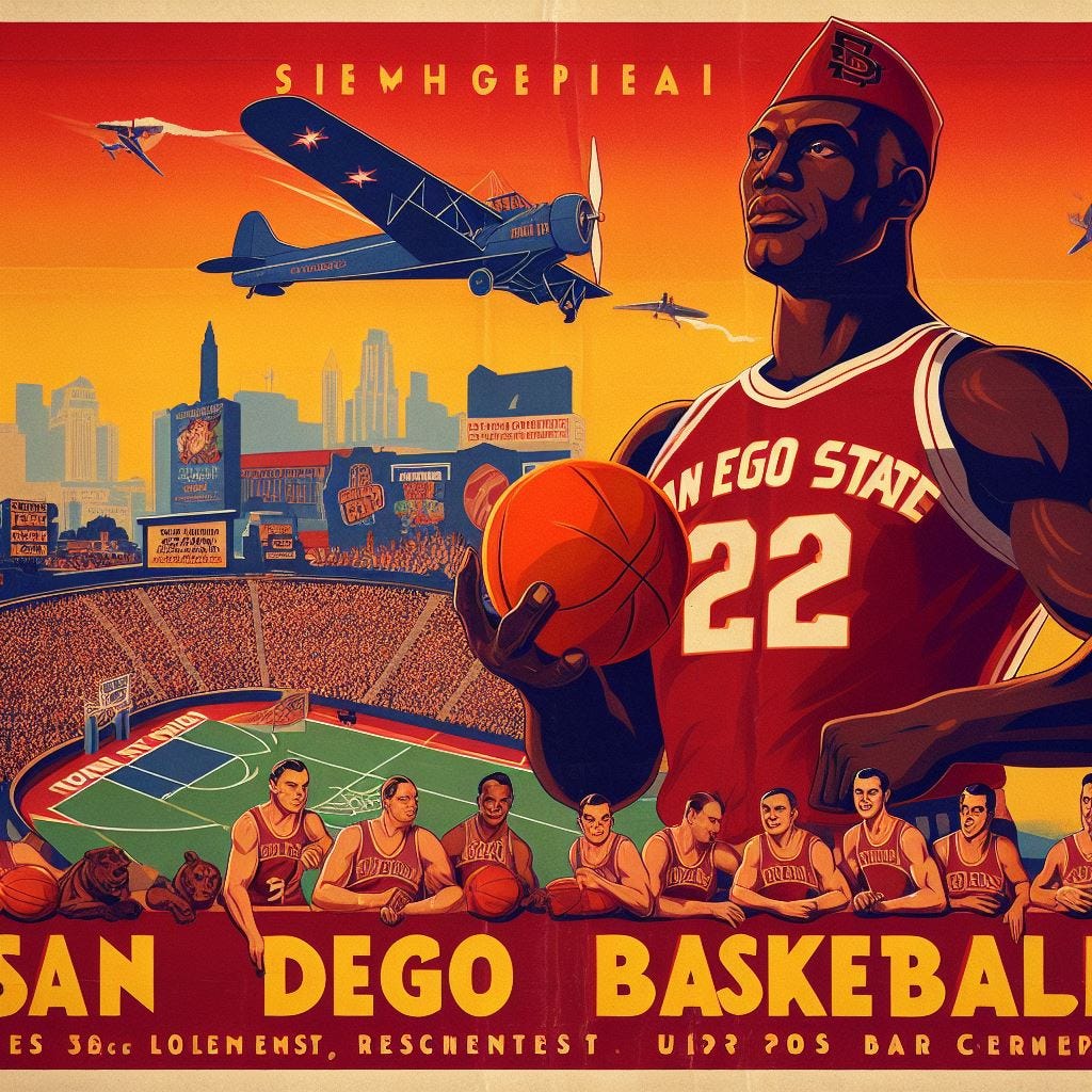 San Diego State basketball on a 1920s war propaganda poster