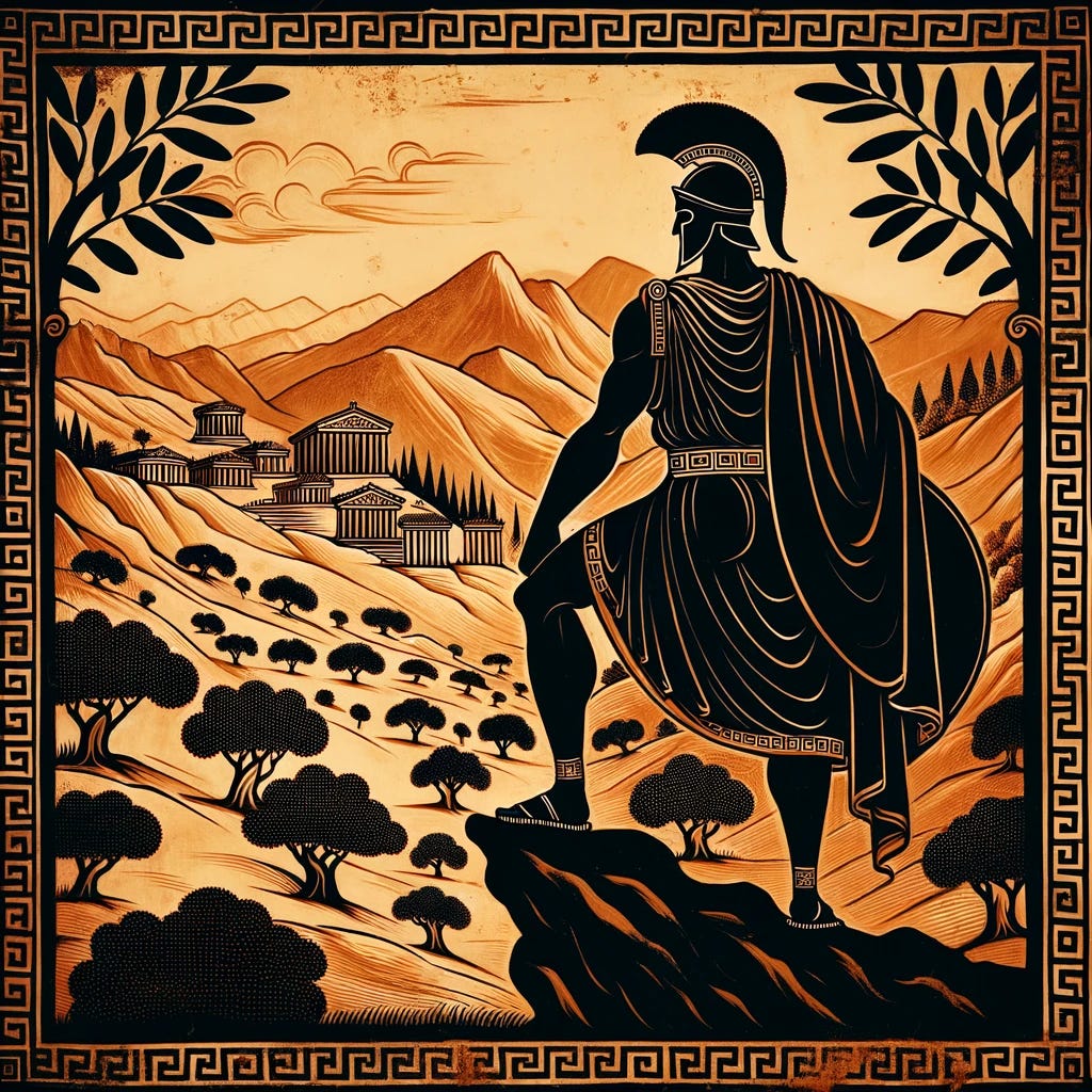 An ancient Greek styled artwork depicting a scene inspired by the quote from Herodotus. The image shows a heroic figure, resembling an ancient Greek warrior in traditional attire, standing boldly on a high cliff. The figure looks out over a sprawling, classical Greek landscape with olive trees and distant temples. The style is reminiscent of ancient Greek pottery art, with strong use of black figures and terracotta backgrounds. This scene symbolizes courage and the willingness to confront the unknown, fitting the era of Herodotus.