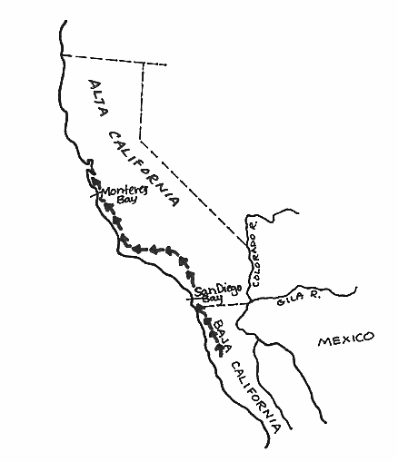 Mapa de la ruta terrestre explorada per Gaspar de Portolà el 1769 y 1770.