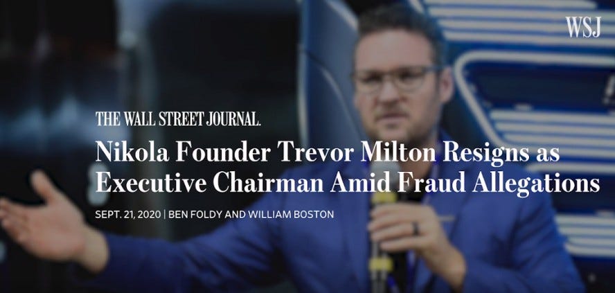 Wall Street Journal headline: Trevor Milton resigns amid fraud allegations.