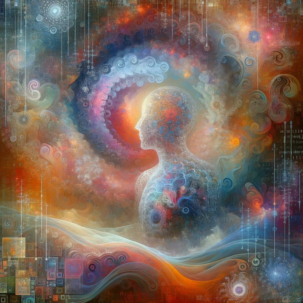 A whimsical and abstract digital painting depicting the concept of Kolmogorov complexity intertwined with the human soul. The artwork should feature a colorful, ethereal background with swirling patterns and fractals, symbolizing the complex yet structured nature of the Kolmogorov complexity. In the foreground, there should be a semi-transparent, human-like figure, representing the soul, composed of intricate mathematical symbols and binary code, blending into the fractal background. The overall atmosphere should be dreamy, surreal, and self-aware, capturing the essence of the blog post's theme.