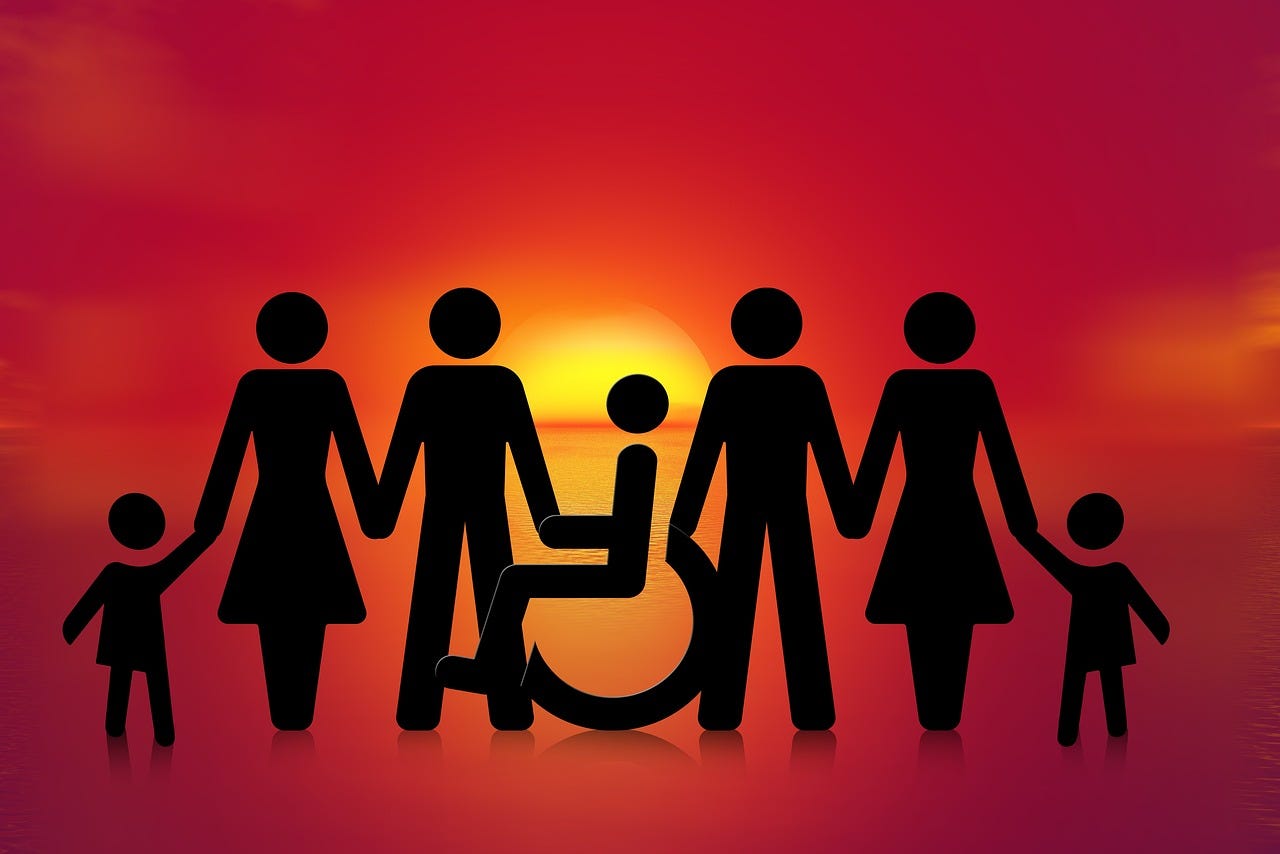 People in silhouettes are holding hands, representing young and old people and including a person using a wheelchair