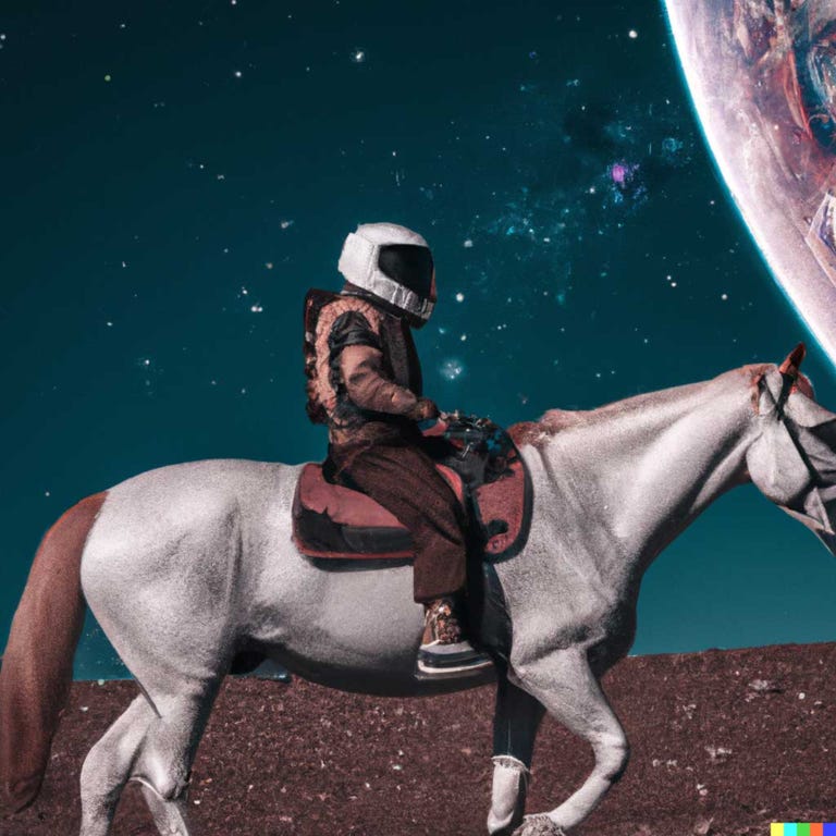 Humano sentado no cavalo com um capacete de motocicleta. Imagem gerada por IA