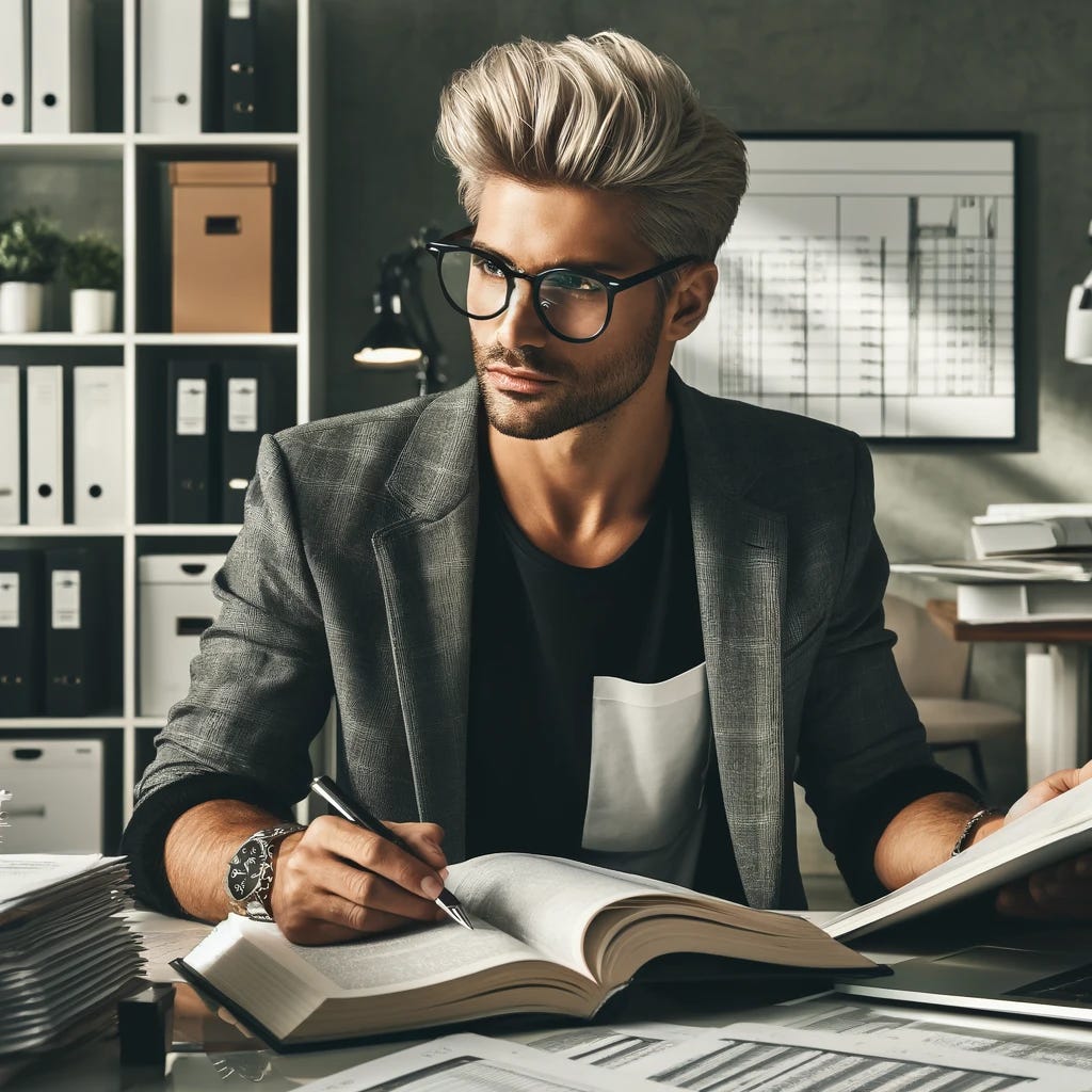 A very hip early 40s accountant with platinum blonde hair, wearing stylish glasses and a trendy, casual outfit. He sits at a sleek desk filled with tax research materials, including open books, stacks of tax documents, a laptop showing tax software, and sticky notes with important reminders. The accountant has a focused and analytical expression, deeply engaged in tax research. He wears a casual blazer over a graphic t-shirt, and jeans instead of dress pants. The background features modern, minimalist office decor with sleek filing cabinets, shelves with tax law books, and a whiteboard with complex tax calculations. The lighting is soft, adding a professional yet relaxed ambiance.