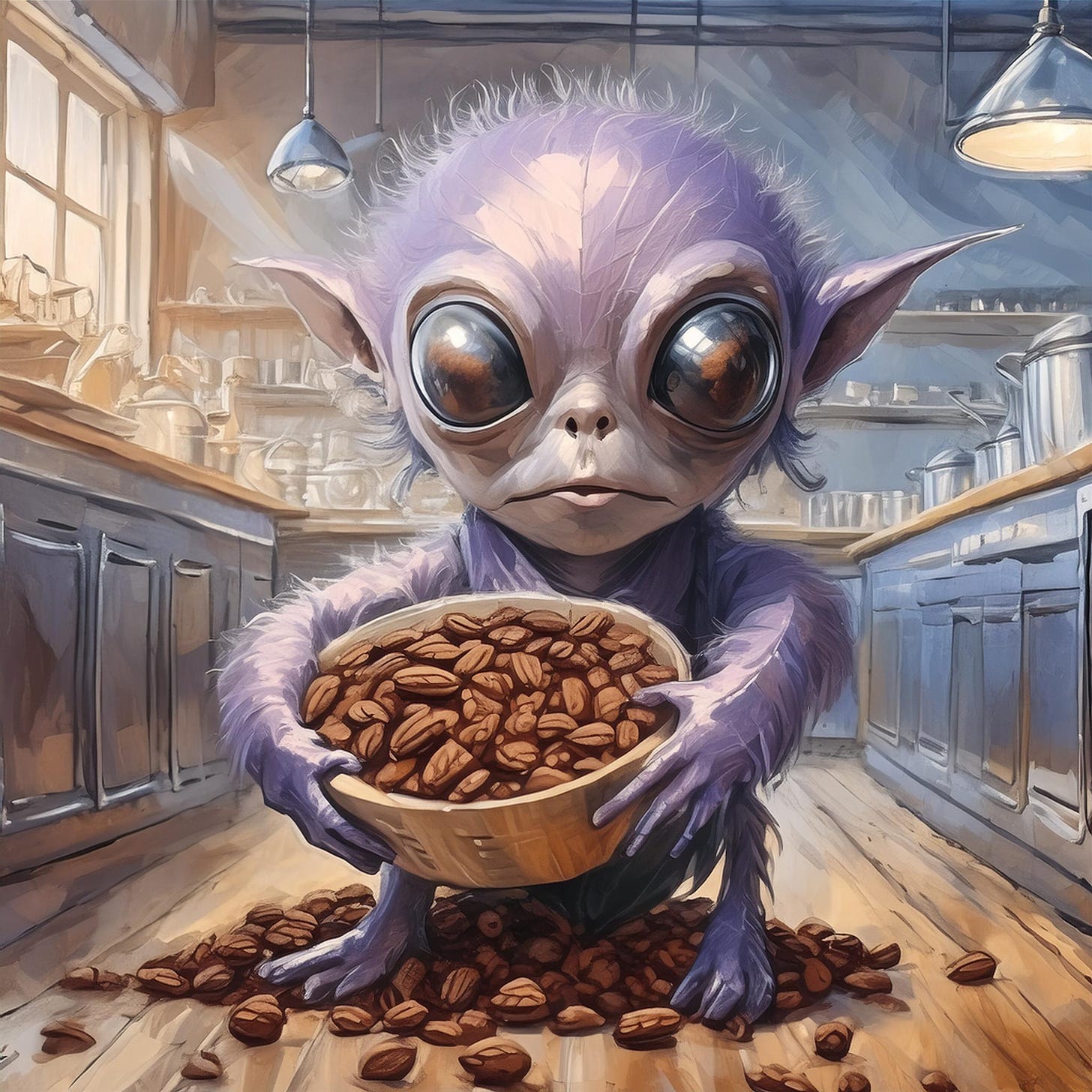 image of a small purple alien holding cocoa beans in an upscale kitchen