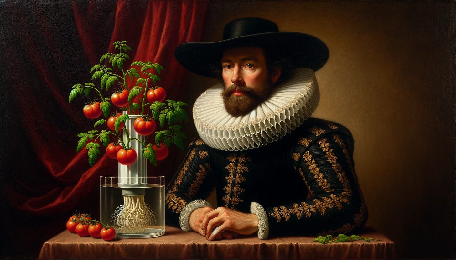 Classical portrait of a 17th-century gentleman with a hydroponically grown tomato plant, showcasing a blend of historical elegance and modern agricultural technology