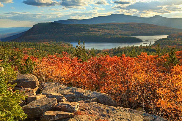 Hudson Valley Mountains in the Fall with bright orange leaves
