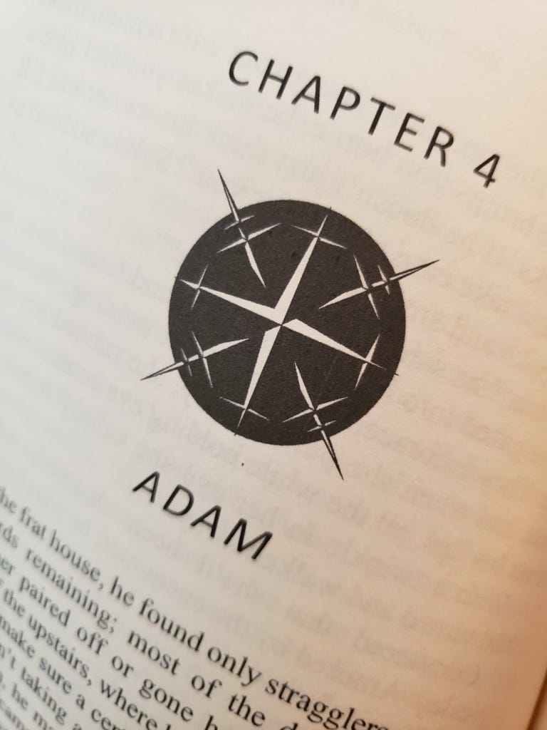 The chapter heading, chapter four. A black circle like a compass with pointed daggers sticking out at the directional places. No words or letters on the compass. It looks menacing. 