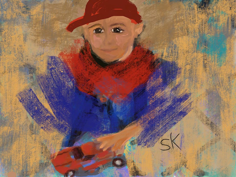Painting by Sherry Killam Arts of a young boy playing with a red toy car on a playground.