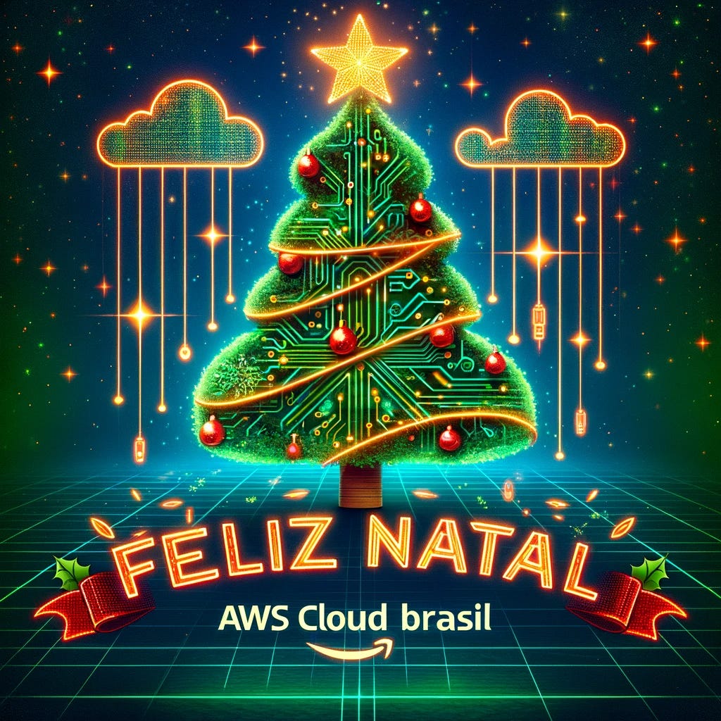A festive and welcoming social media post for 'Feliz Natal' (Merry Christmas) specifically designed for the AWS CLOUD BRASIL community. The image features a vibrant and technologically themed Christmas environment. In the center, there's a stylized Christmas tree made of digital circuit patterns, glowing with green and red LED lights, symbolizing technology. Around the tree are small cloud icons and AWS logos, subtly incorporated. The background is a starry night sky with a slight digital grid overlay, hinting at cloud computing. At the top, in bold and festive lettering, it says 'Feliz Natal, AWS CLOUD BRASIL!' with a modern and digital font style. The overall color scheme is a mix of traditional Christmas colors and neon digital hues, creating a warm yet high-tech atmosphere.