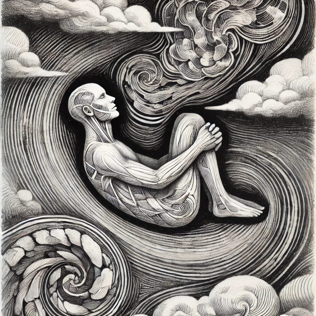 A surreal, black-and-white etching-style illustration featuring a male figure in a calm, fetal position on a soft, dreamlike surface. 