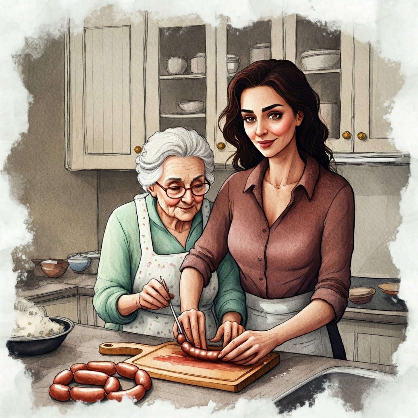 Nanette Malbreaux and her Des Allemand grandmother making sausages in the kitchen