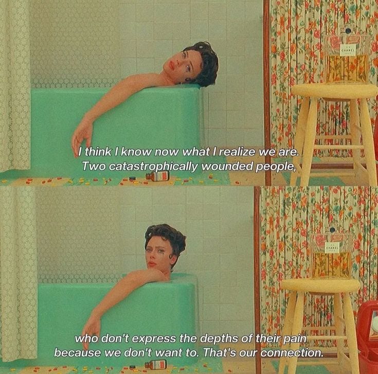 This may contain: a woman laying in a bathtub with the caption'i think i know what i treat like we are two cats, possibly wounded people who don '