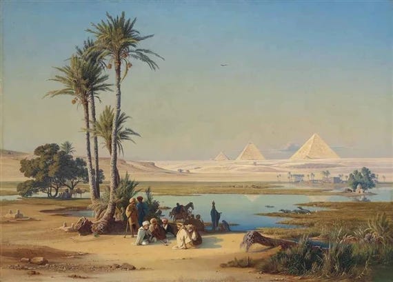 Johan Jakob Frey The flood plain of the Nile, Pyramids beyond, 1844 oil on canvas