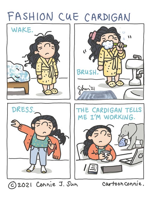 Fashion Cue Cardigan Morning routine cartoon, slice of life comic strip humor, cardigan fashion, sketchbook, pandemic life journal comic by Connie Sun, cartoonconnie