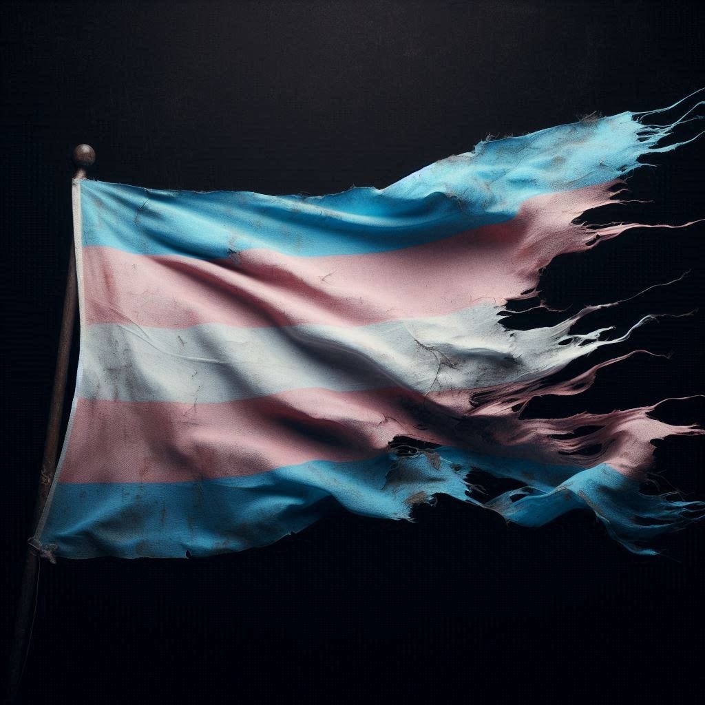 AI generated image of tattered and torn transgender flag blowing in the darkness. AI generated image of tattered and torn transgender flag blowing in the darkness.