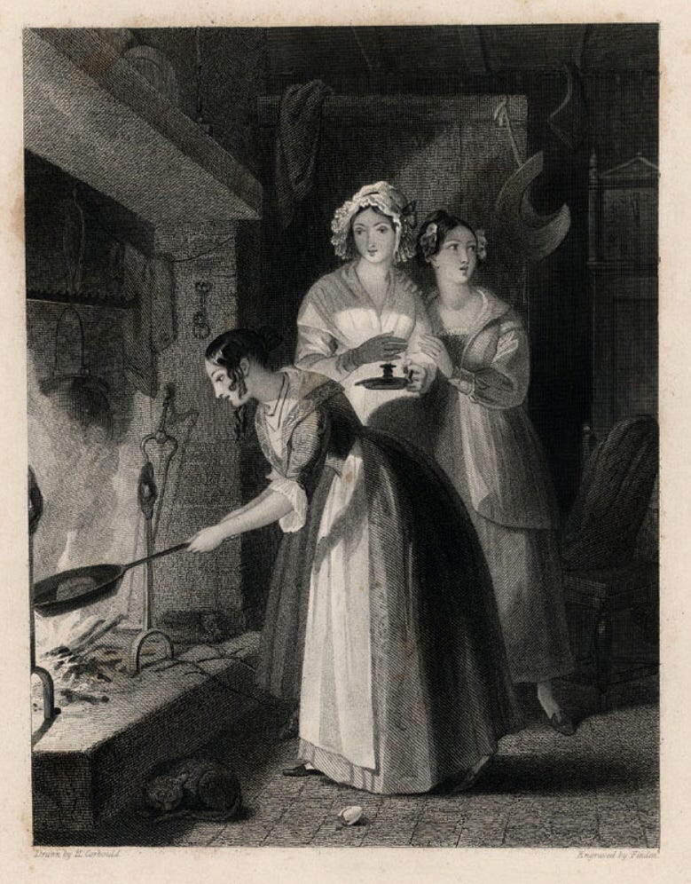 A black and white engraved print of 3 young women in Victorian dress. One is tending the dumbloaf in a pan over the fire
