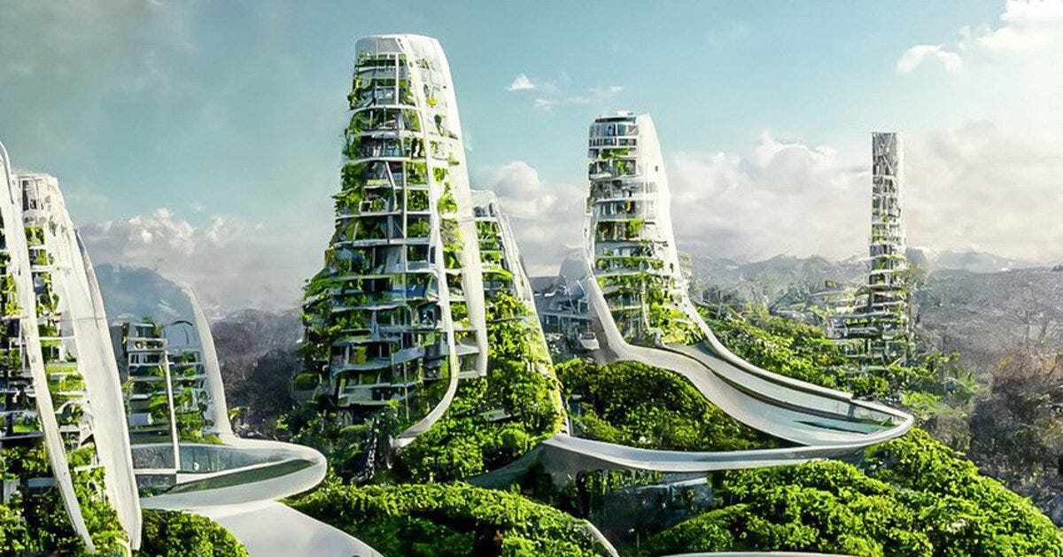 AI envisions futuristic sustainable city with biophilic skyscrapers
