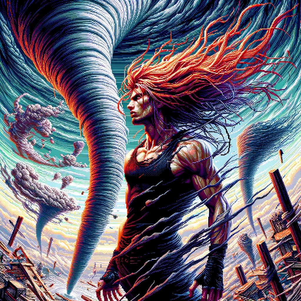 Modify the first image to include a lithe, red-blonde, long-haired male figure in the foreground. He should be wearing dark clothing, contrasting with the dynamic and surreal background of the tornado scene. The figure should be portrayed amidst the chaotic and intense environment, captured in a 16-bit art style reminiscent of neo-geo SNK MAME arcade games. The overall atmosphere should remain unhinged and relentless, emphasizing the surreal and powerful nature of the tornado.