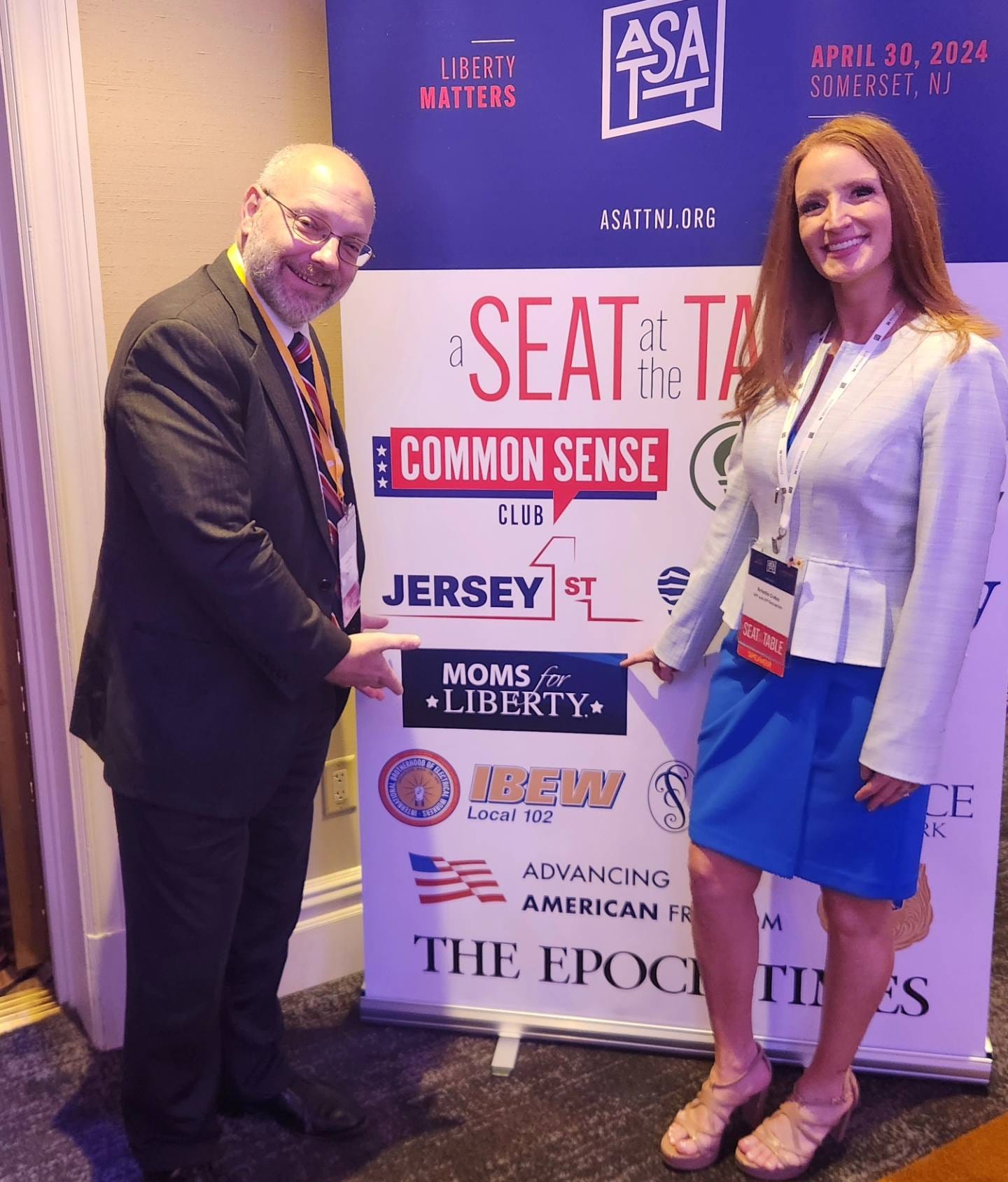 May be an image of 2 people and text that says 'LIBERTY MATTERS APRIL30, 2024 30, SOMERSET, NJ ASA ASATTNJ.ORG ORG a SEAT ạt the TA COMMON COMMONSENSE SENSE CLUB JERSEYT_ JERSEY MOMS for LIBERTY Local Local102 IBEW 102 ADVANCING AMERICAN FR THE EPOCI ΓΙ ES'