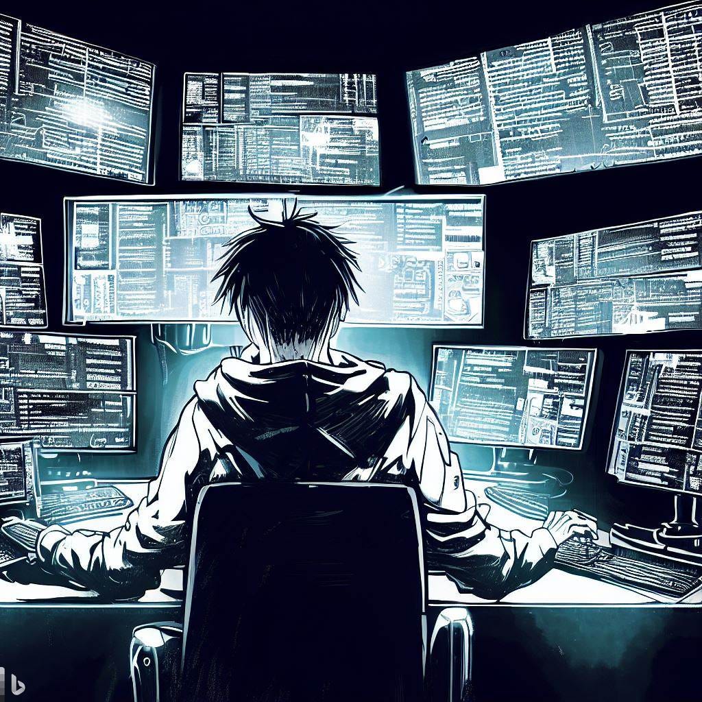 A young guy in a dark room with lots of screens hacking, manga style
