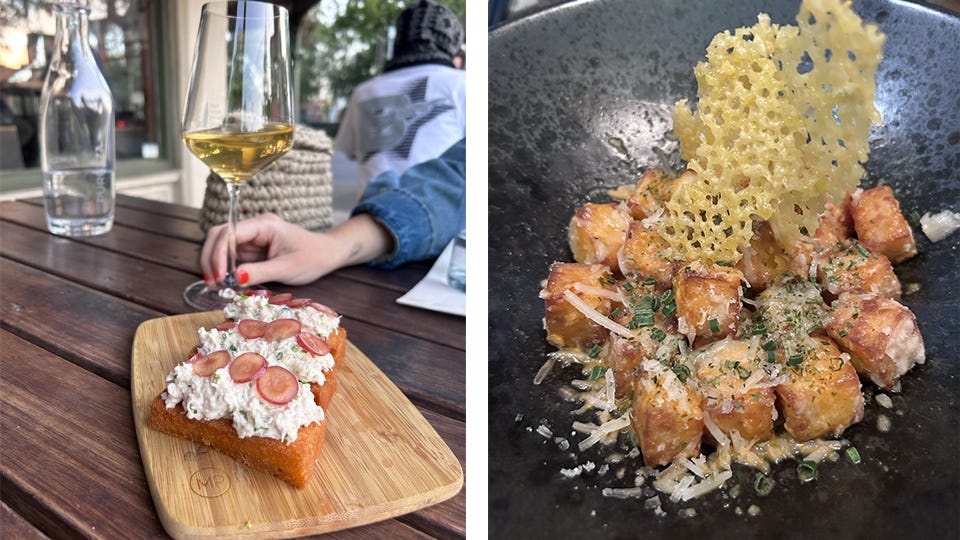 On the left, an image of three pieces of crab toast on a wooden board and a hand holding a glass of wine. On the right, a plate of ramen gnocchi with cheese.