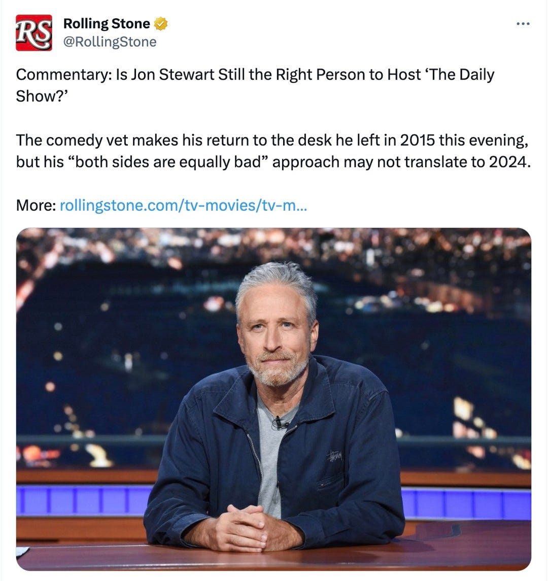 Photo by Matt Ruby on February 13, 2024. May be a Twitter screenshot of 1 person and text that says 'RS Rolling Stone @RollingStone Commentary: Is Jon Stewart Still the Right Person to Host 'The Daily Show?' The comedy vet makes his return to the desk he left in 2015 this evening, but his "both sides are equally bad" approach may not translate to 2024. More: rolingtone.com/tv-movies/tvm..'.