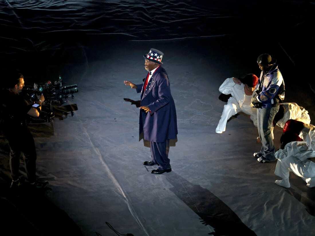 Samuel Jackson, as "Uncle Sam," and Kendrick Lamar on stage during the Apple Music Super Bowl LIX Halftime Show.