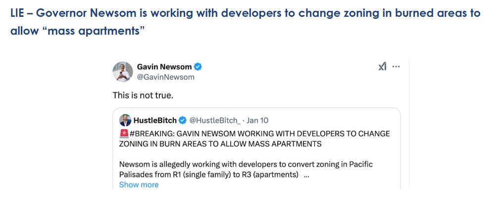 SCREENGRAB from Newsom’s website. “LIE — Governor Newsom is working with developers to change zoning in burned areas to allow ‘mass apartments'.” Includes quote tweet from Newsom debunking the lie. 