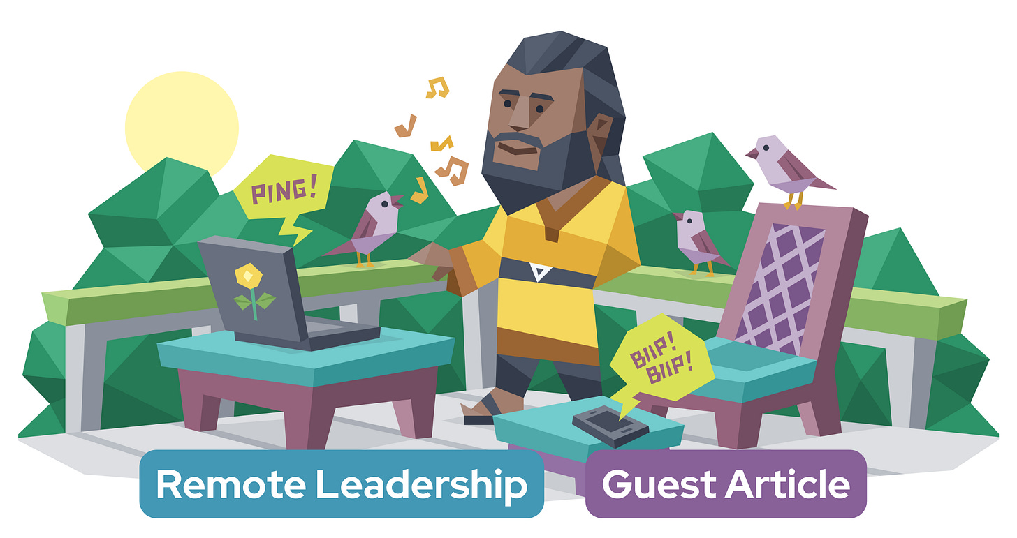 A man receives notifications on his mobile phone and laptop while birds chirp in the background. Text reads "Remote Leadership: Guest Article" A man receives notifications on his mobile phone and laptop while birds chirp in the background. Text reads "Remote Leadership: Guest Article"