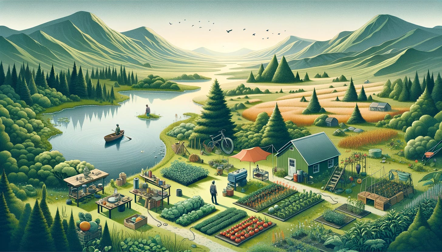 A landscape scene symbolizing 'Self-Reliance in the 21st Century' inspired by themes of local production and reduced dependency. The image shows a person in a garden, surrounded by various plants and vegetables they've grown themselves, symbolizing self-sufficiency in food production. Nearby, a small workshop with visible tools represents the ability to repair and maintain durable products. This setting is near a freshwater lake, illustrating proximity to essential resources. The person looks capable and content, embodying independence from extensive supply chains.