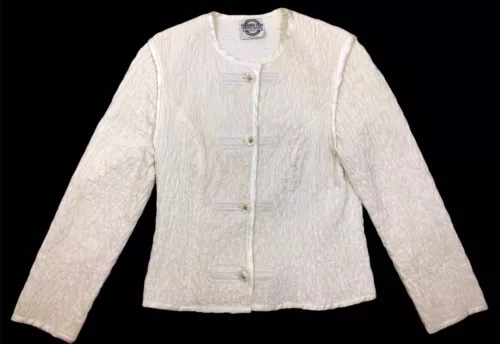 Vintage Schatzi-Rok Quilted Puckered Jacket Ivory Braided Trim Buttons Stretch 1 - Picture 6 of 9