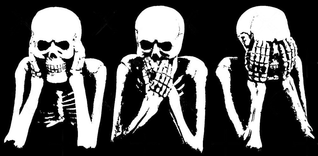 Black and white posterized illustration of three skeloton torsos, hear no evil, speak no evil, see no evil.