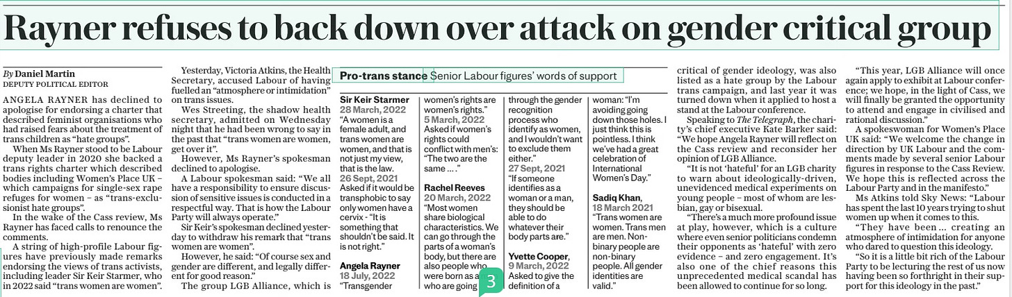 Rayner refuses to back down over attack on gender critical group The Daily Telegraph12 Apr 2024By Daniel Martin Deputy political editor ANGELA RAYNER has declined to apologise for endorsing a charter that described feminist organisations who had raised fears about the treatment of trans children as “hate groups”.  When Ms Rayner stood to be Labour deputy leader in 2020 she backed a trans rights charter which described bodies including Women’s Place UK – which campaigns for single-sex rape refuges for women – as “trans-exclusionist hate groups”.  In the wake of the Cass review, Ms Rayner has faced calls to renounce the comments.  A string of high-profile Labour figures have previously made remarks endorsing the views of trans activists, including leader Sir Keir Starmer, who in 2022 said “trans women are women”.  Yesterday, Victoria Atkins, the Health Secretary, accused Labour of having fuelled an “atmosphere or intimidation” on trans issues.  Wes Streeting, the shadow health secretary, admitted on Wednesday night that he had been wrong to say in the past that “trans women are women, get over it”.  However, Ms Rayner’s spokesman declined to apologise.  A Labour spokesman said: “We all have a responsibility to ensure discussion of sensitive issues is conducted in a respectful way. That is how the Labour Party will always operate.”  Sir Keir’s spokesman declined yesterday to withdraw his remark that “trans women are women”.  However, he said: “Of course sex and gender are different, and legally different for good reason.”  The group LGB Alliance, which is critical of gender ideology, was also listed as a hate group by the Labour trans campaign, and last year it was turned down when it applied to host a stand at the Labour conference.  Speaking to The Telegraph, the charity’s chief executive Kate Barker said: “We hope Angela Rayner will reflect on the Cass review and reconsider her opinion of LGB Alliance.  “It is not ‘hateful’ for an LGB charity to warn about ideologically-driven, unevidenced medical experiments on young people – most of whom are lesbian, gay or bisexual.  “There’s a much more profound issue at play, however, which is a culture where even senior politicians condemn their opponents as ‘hateful’ with zero evidence – and zero engagement. It’s also one of the chief reasons this unprecedented medical scandal has been allowed to continue for so long.  “This year, LGB Alliance will once again apply to exhibit at Labour conference; we hope, in the light of Cass, we will finally be granted the opportunity to attend and engage in civilised and rational discussion.”  A spokeswoman for Women’s Place UK said: “We welcome the change in direction by UK Labour and the comments made by several senior Labour figures in response to the Cass Review. We hope this is reflected across the Labour Party and in the manifesto.”  Ms Atkins told Sky News: “Labour has spent the last 10 years trying to shut women up when it comes to this.  “They have been … creating an atmosphere of intimidation for anyone who dared to question this ideology.  “So it is a little bit rich of the Labour Party to be lecturing the rest of us now having been so forthright in their support for this ideology in the past.”  Article Name:Rayner refuses to back down over attack on gender critical group Publication:The Daily Telegraph Author:By Daniel Martin Deputy political editor Start Page:9 End Page:9