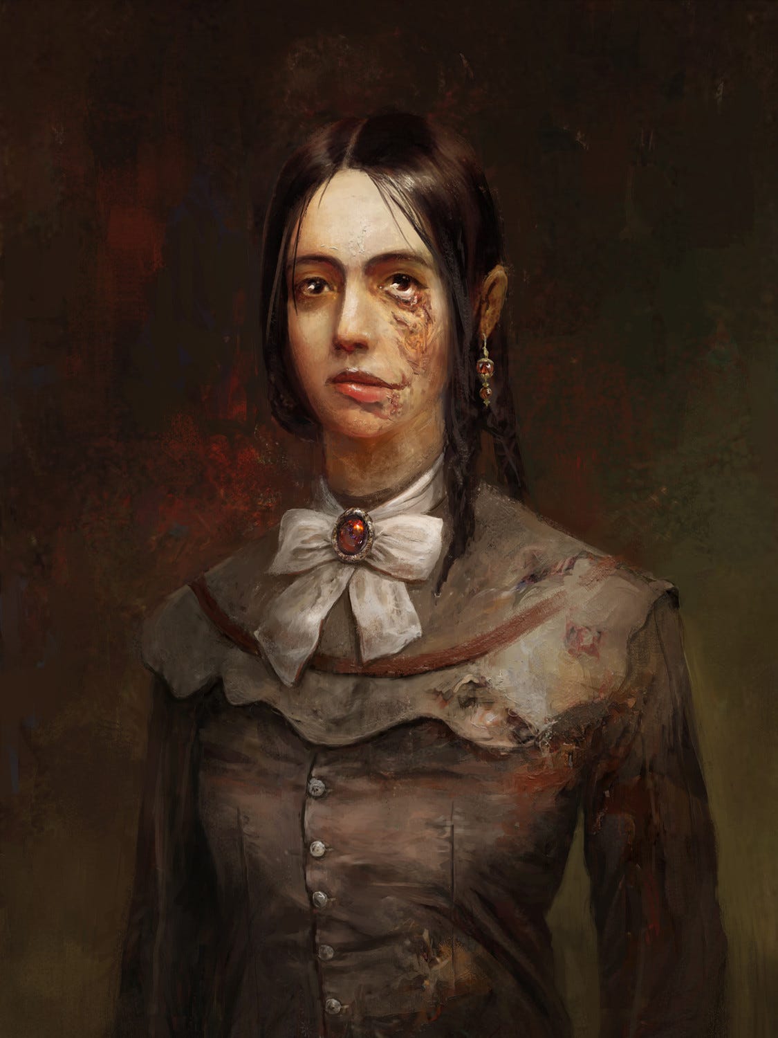 The completed painting of The Wife from Layers of Fear, complete with distortion on the left side of her face which emulates how she was disfigured by a fire in her past.
