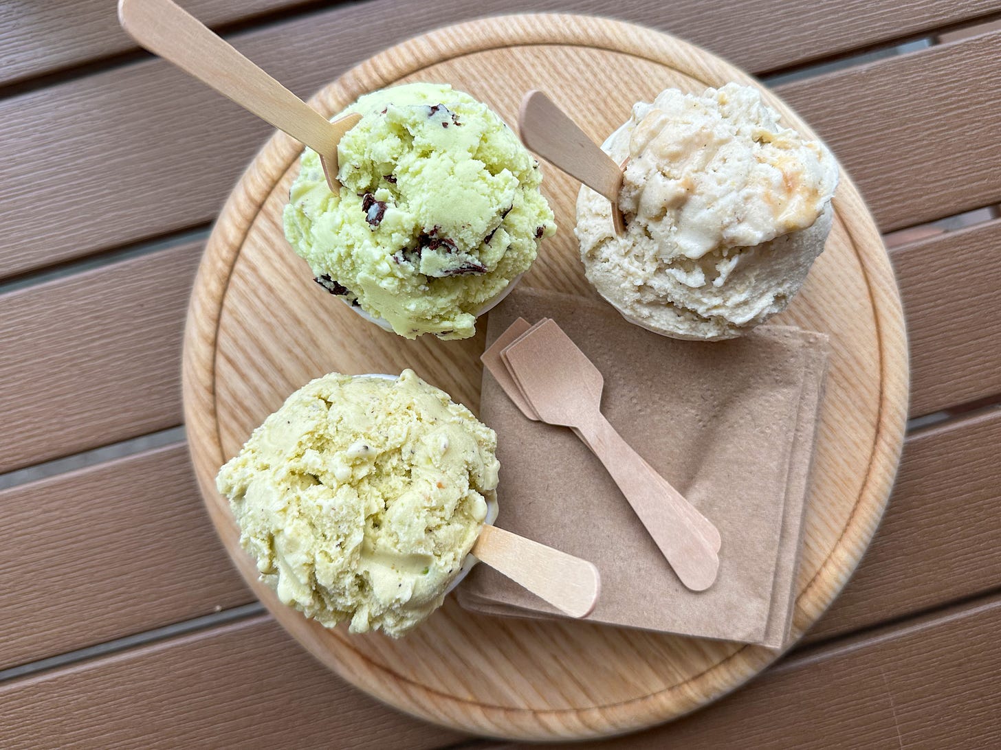 Photo of Pistachio, Mint Chip, and Sweet Corn gelato at Grocer’s Daughter in Empire, Michigan