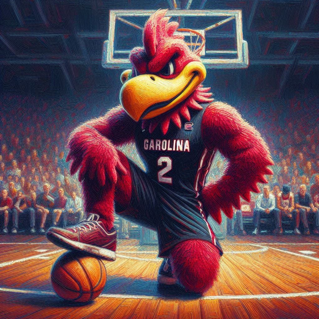 The South Carolina Gamecocks mascot standing in front of a basketball goal, impressionism